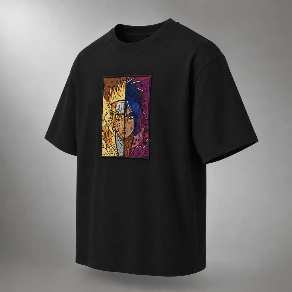 Naruto x Sasuke embroidered oversized t-shirt shot on the street