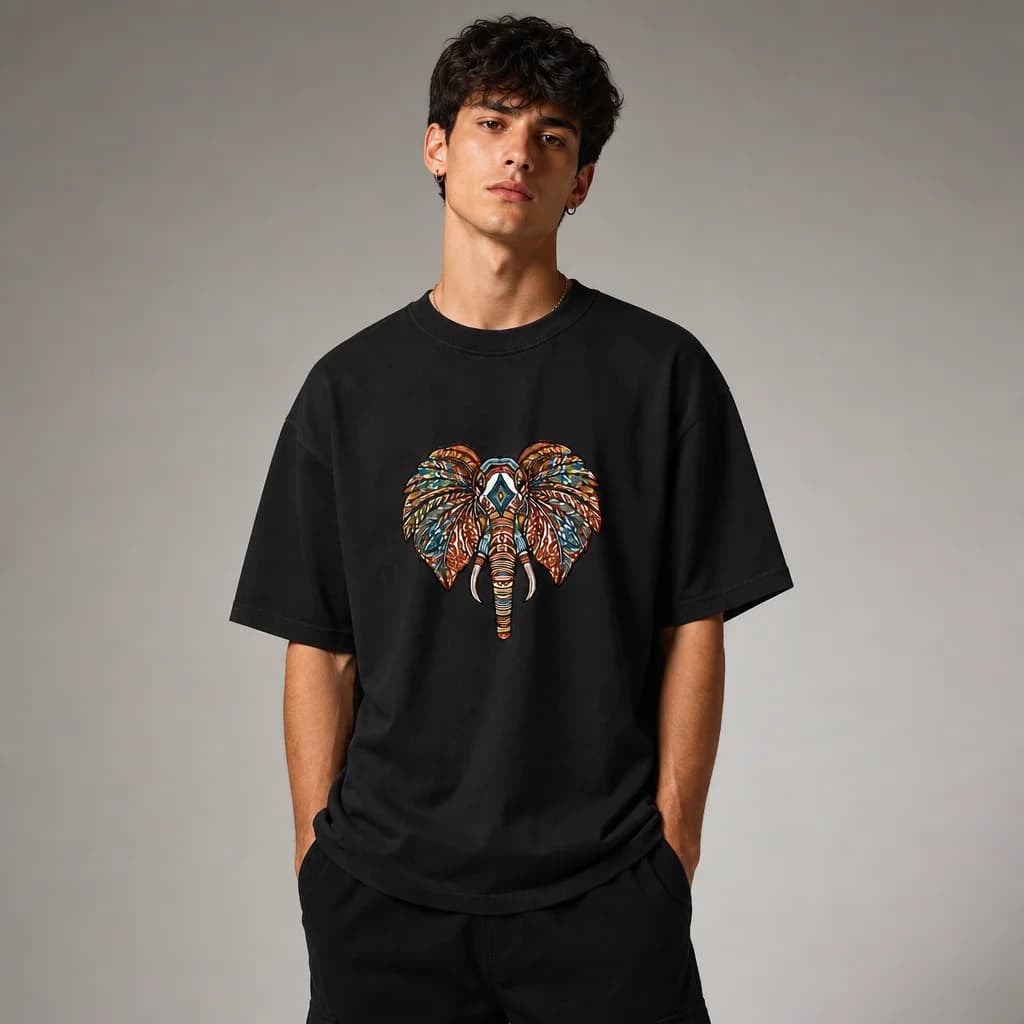 Elephant embroidered oversized t-shirt in black, worn by a model