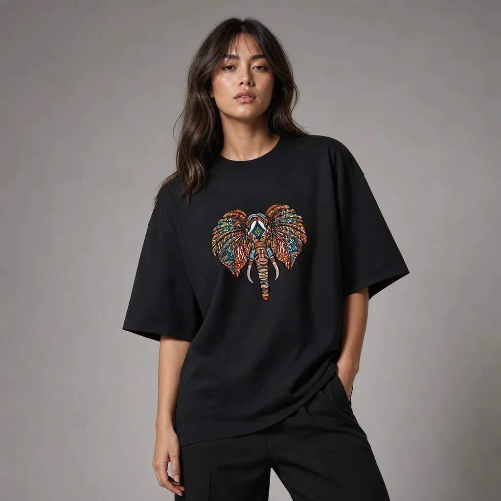 Studio portrait wearing an embroidered oversized tee