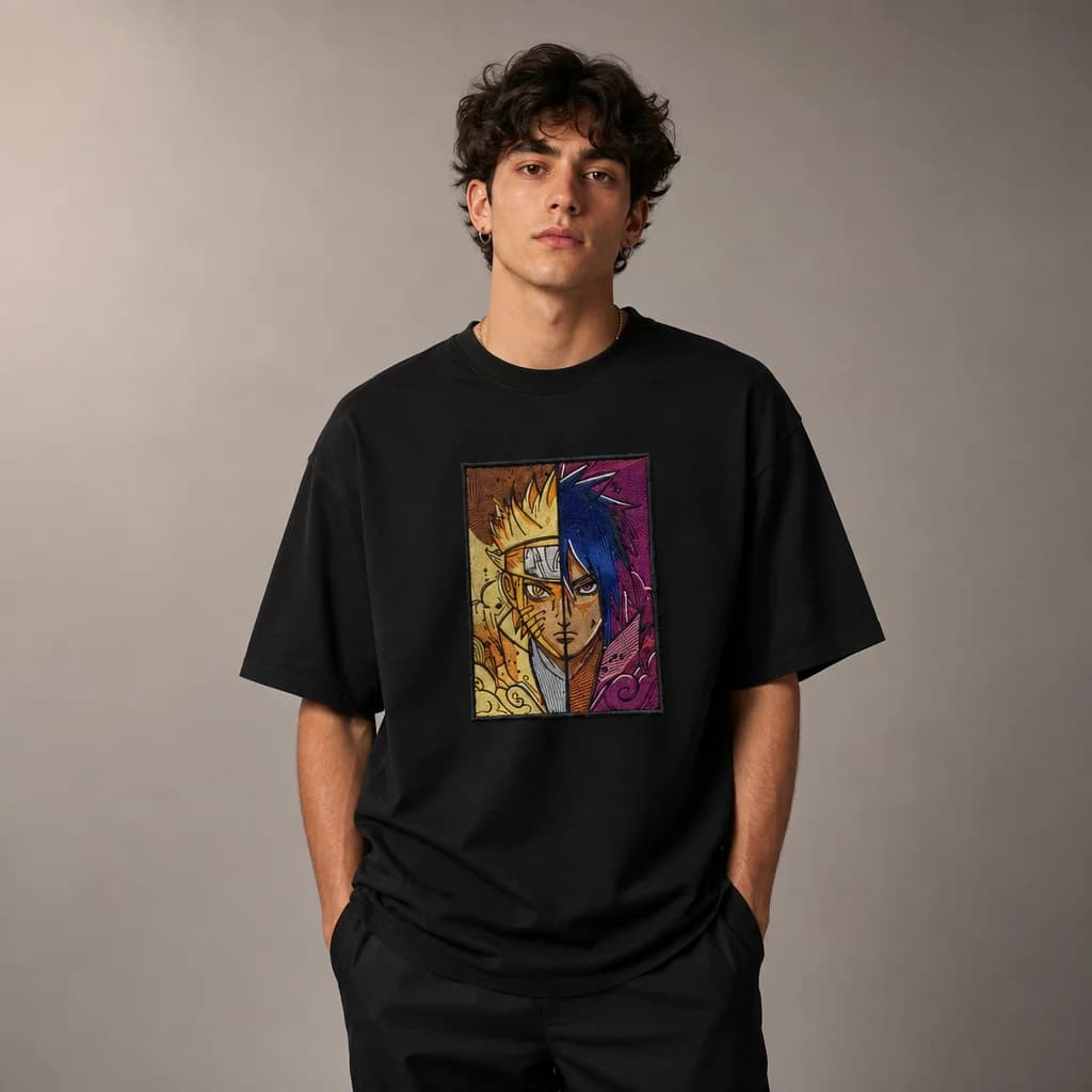 Naruto x Sasuke Embroidered Patch Oversized T-Shirt – Black — alternate view