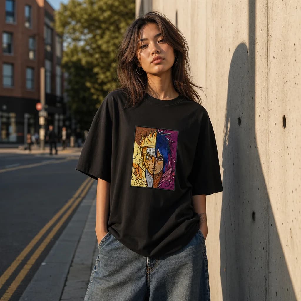 Model outdoors in an embroidered oversized tee