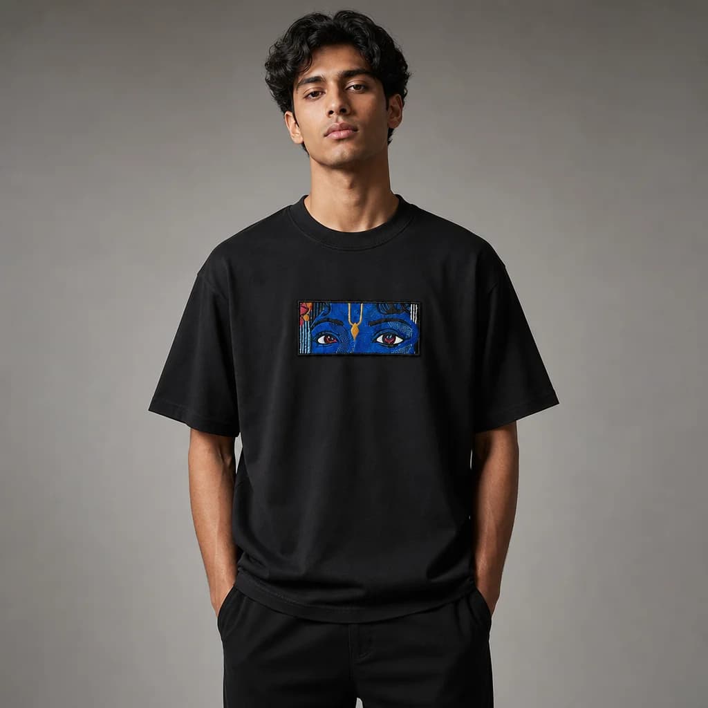 Krishna Eyes Embroidered Patch Oversized T-Shirt – Black
