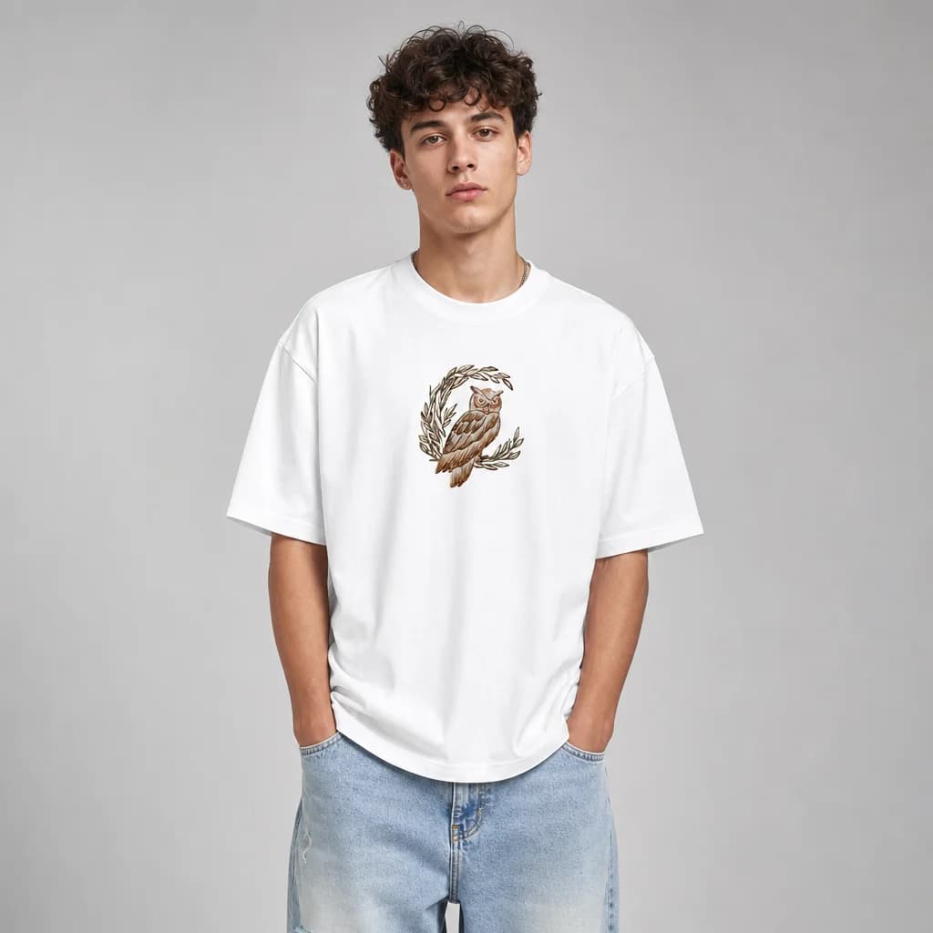 Owl Wreath Embroidered Oversized T-Shirt – White