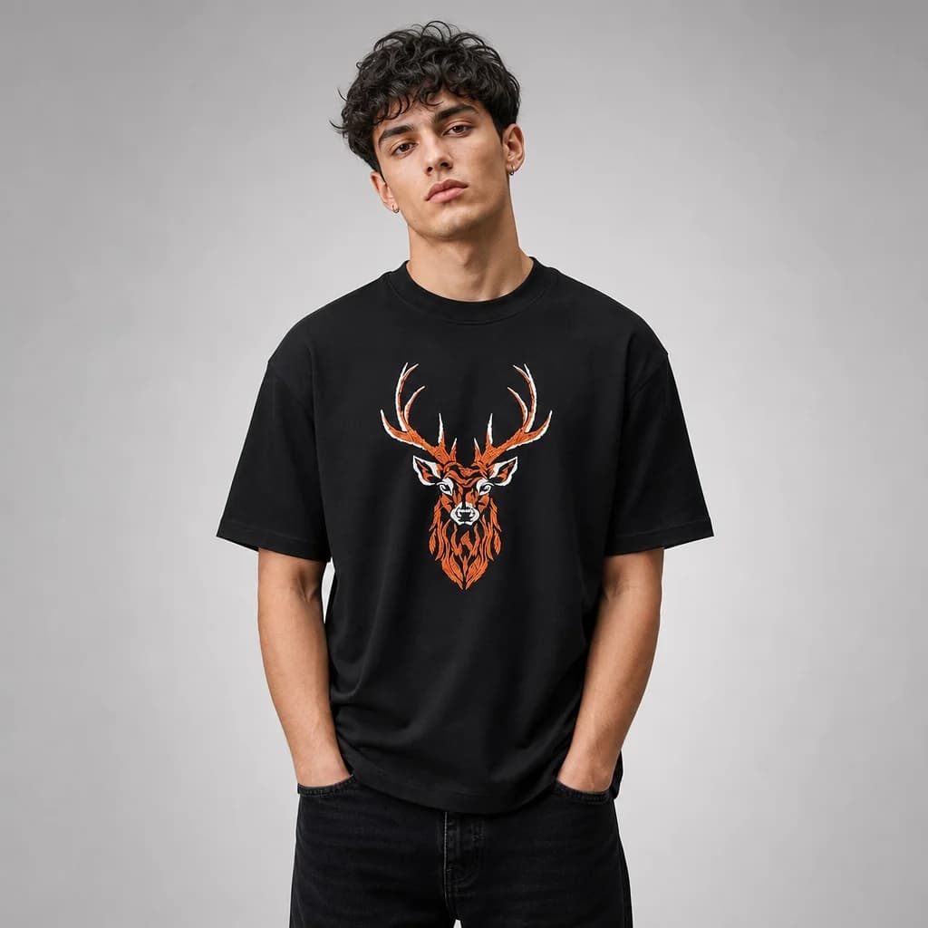 Stag Embroidered Oversized T-Shirt – Black