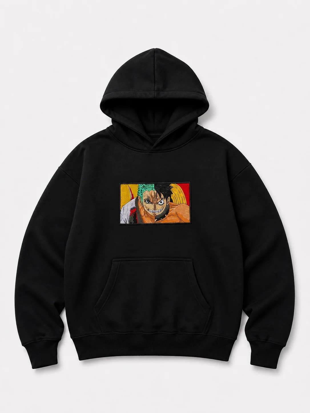 Close-up of the Luffy x Zoro embroidered patch on brushed-back hoodie fleece