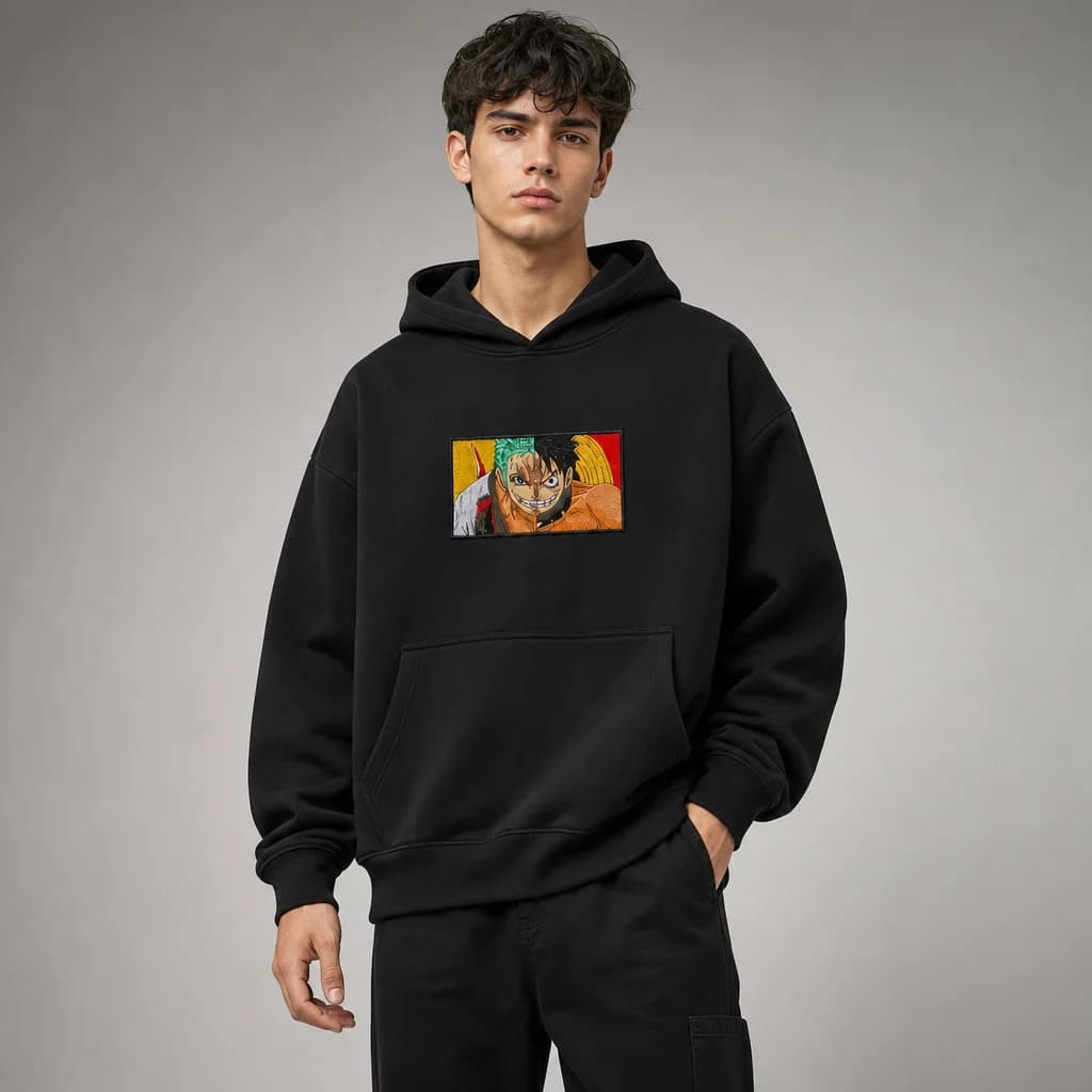 Luffy x Zoro Embroidered Patch Oversized Hoodie – Black