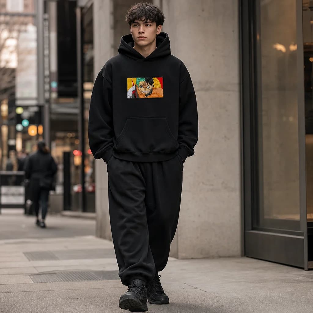 Lifestyle shot of an embroidered oversized tee