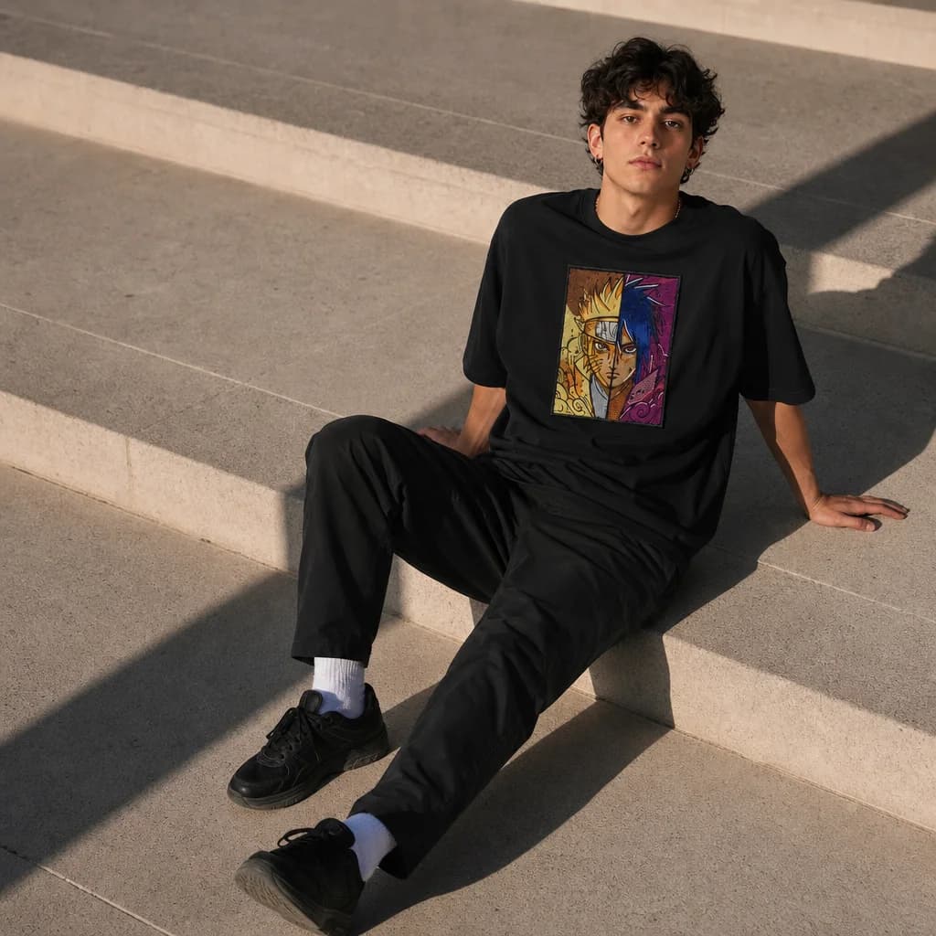 Model wearing an embroidered oversized tee outdoors