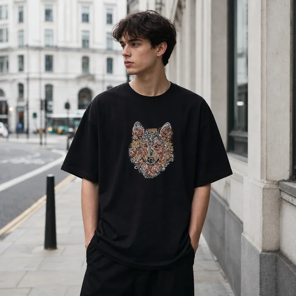 Wolf Embroidered Oversized T-Shirt