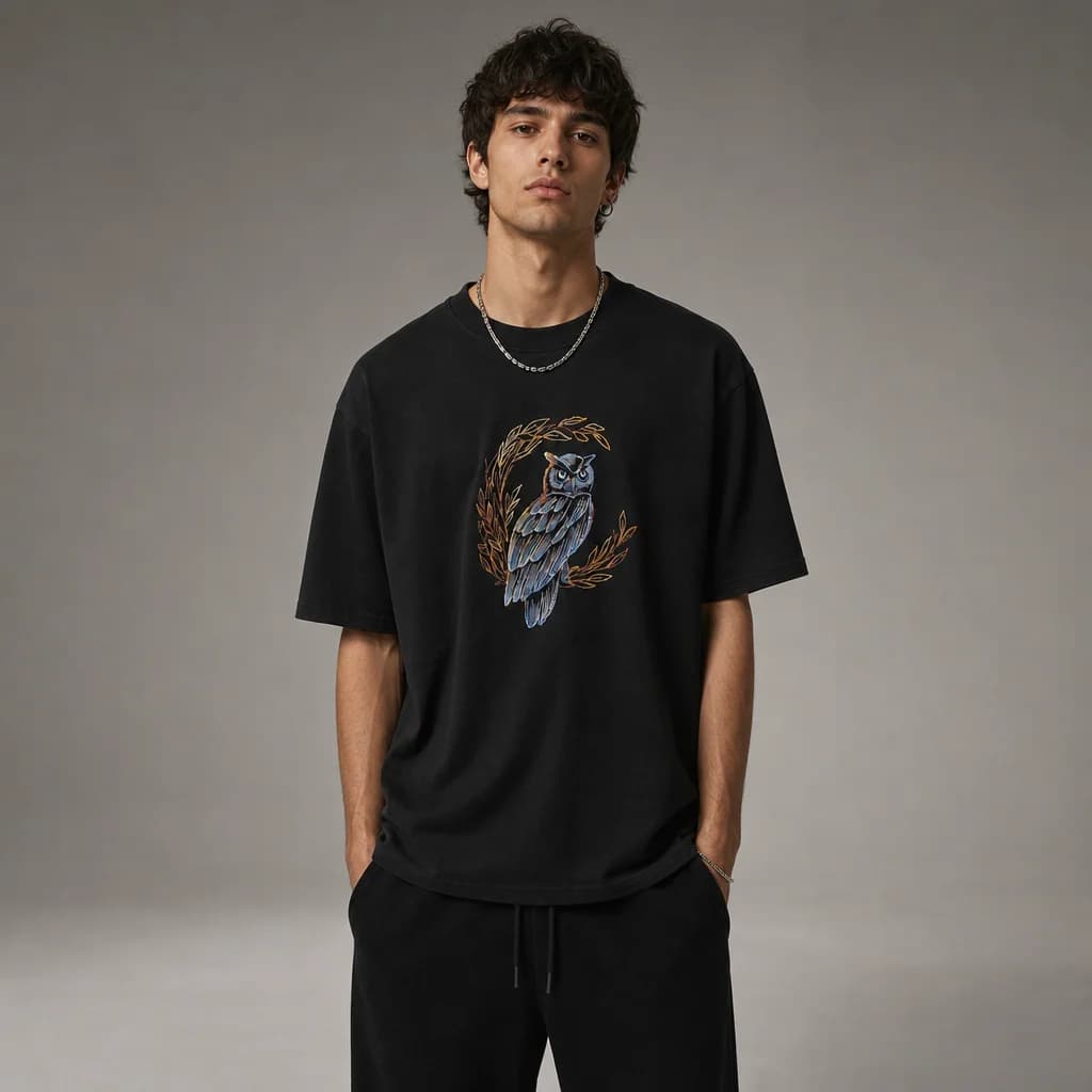 Owl Wreath Embroidered Oversized T-Shirt – Black