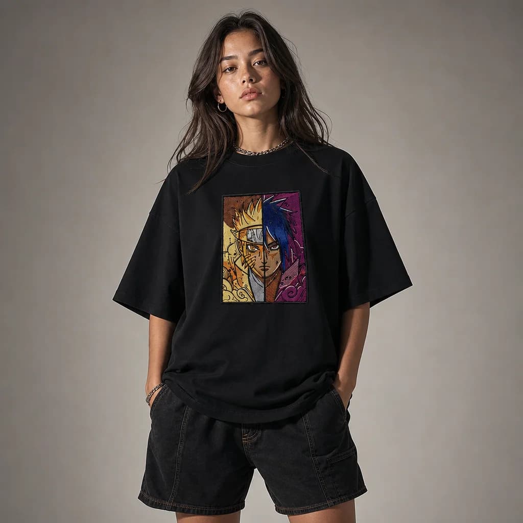 Naruto x Sasuke Embroidered Patch Oversized T-Shirt – Black