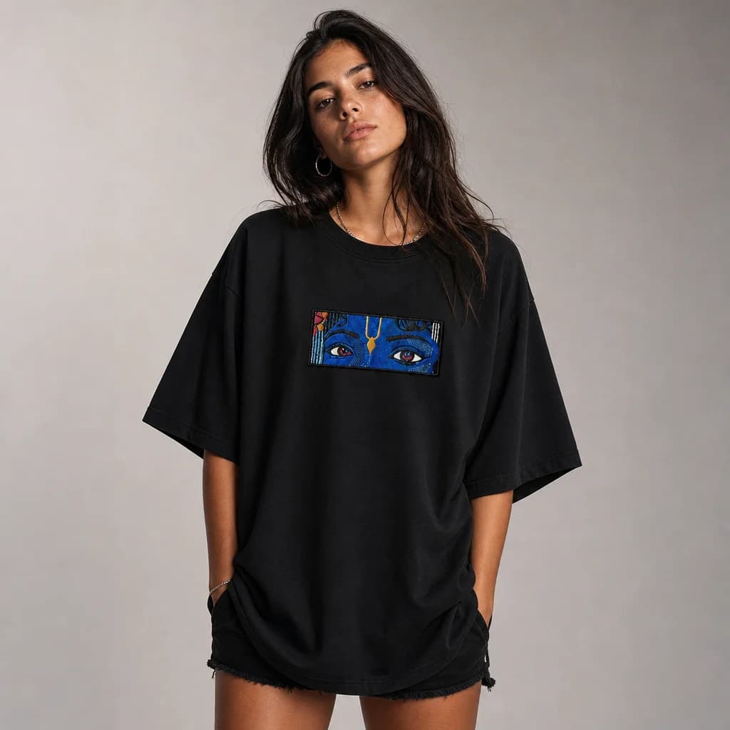 Krishna Eyes Embroidered Patch Oversized T-Shirt – Black — alternate view