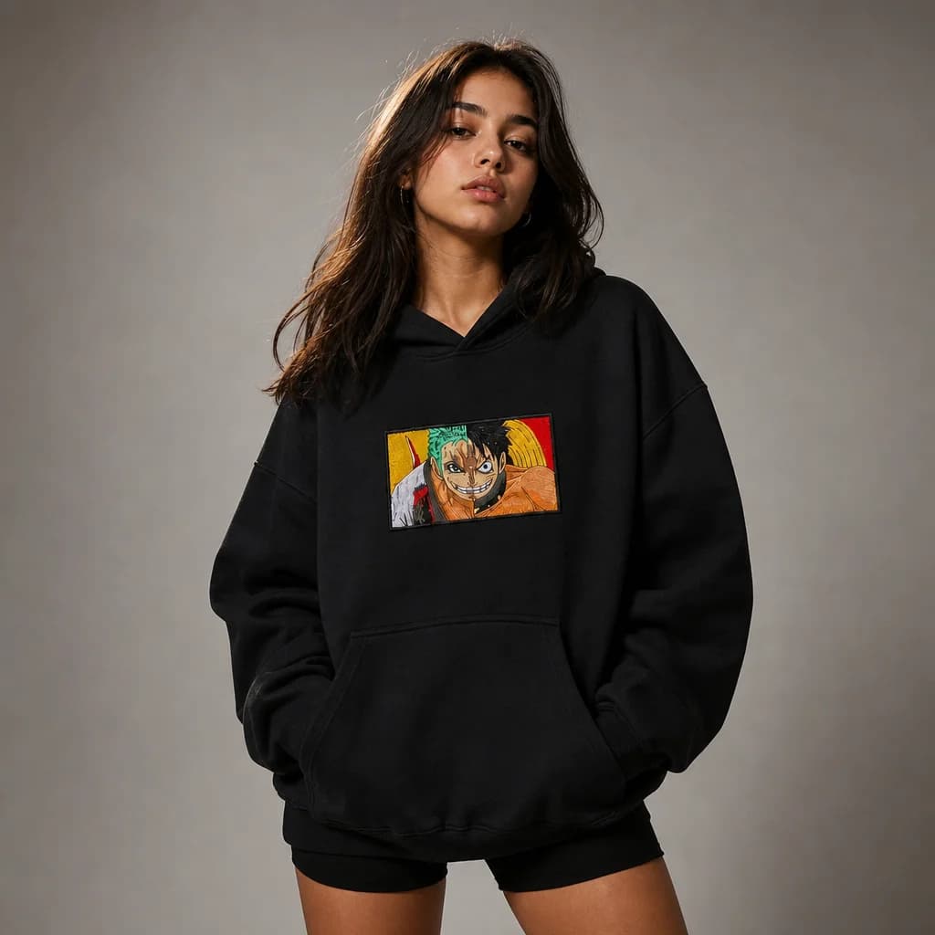 Luffy x Zoro Embroidered Patch Oversized Hoodie – Black — alternate view